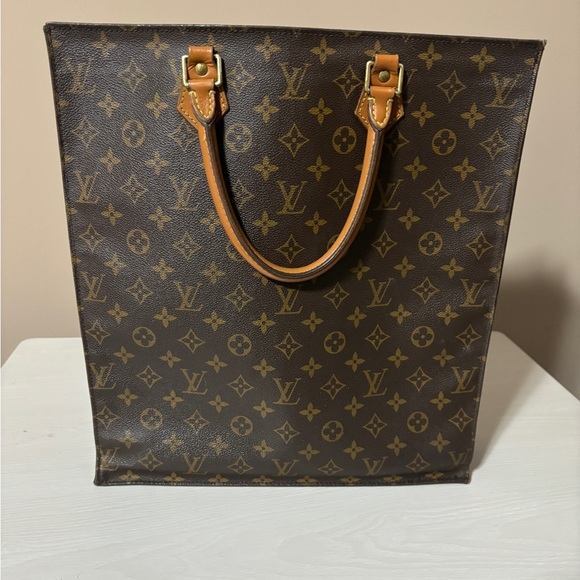 LOUIS VUITTON Logo Sac Plat Hand Tote Bag Monogram Leather Brown - Picture 2 of 9